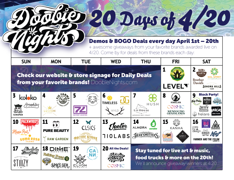 20 Days of 420 Deals at Doobie Nights - 2022 Calendar
