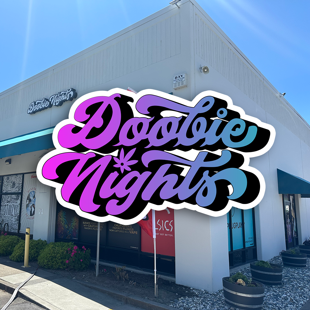 The front corner of Doobie Nights with a colorful Doobie Nights logo.